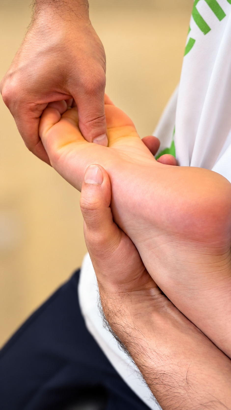 Trattamento di riflessologia plantare sul piede di un'atleta